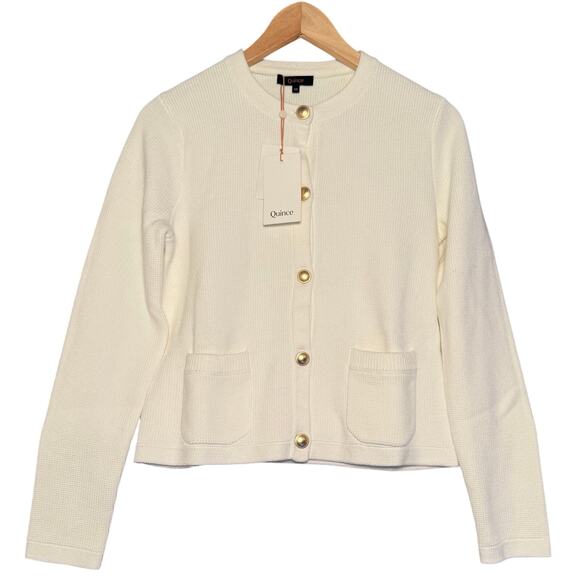Quince Women’s Organic Cotton White Cardigan XS w/ Gold Buttons & Pockets - Picture 12 of 13